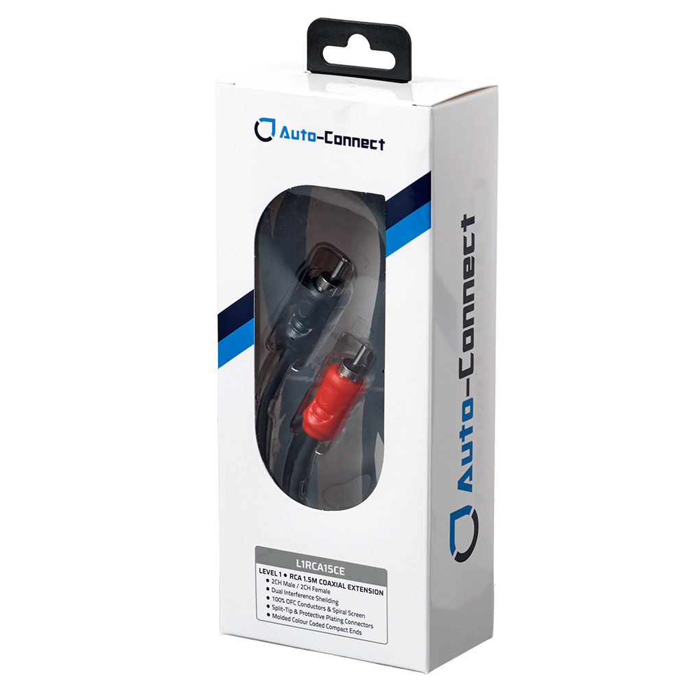 Förpackning med en koaxial RCA-förlängningskabel på 1.5 meter.