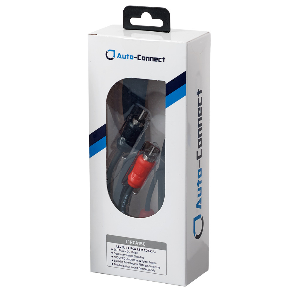 En förpackning med en koaxial lågnivåkabel på 1,5 meter, röd och svart kontakt.