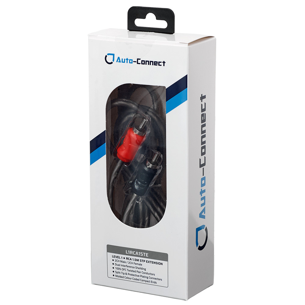 En förpackning med en tvinnad RCA-förlängningskabel på 1,5 meter.