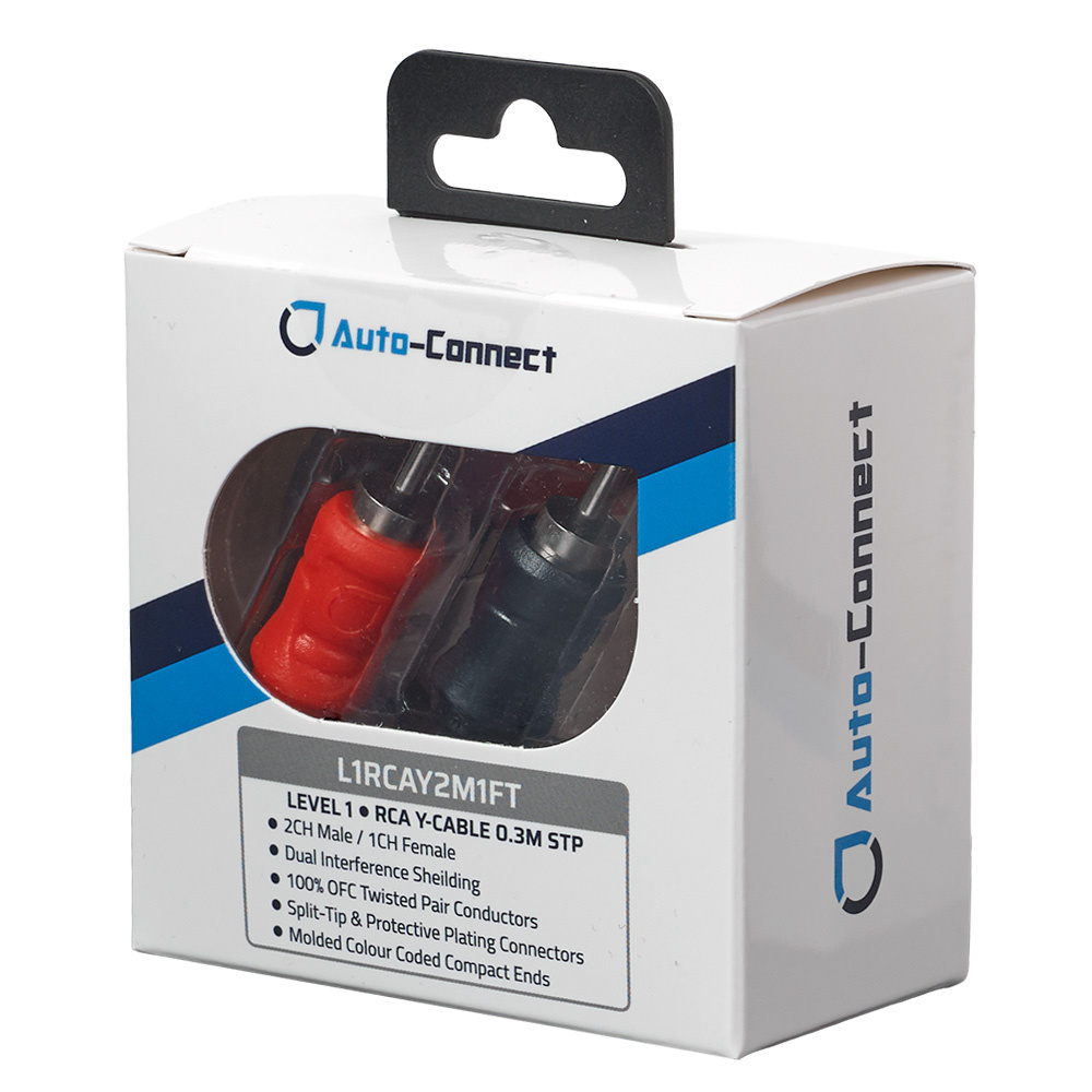 En vit förpackning med Auto-Connect kabel, RCA Y-splittare för ljud.