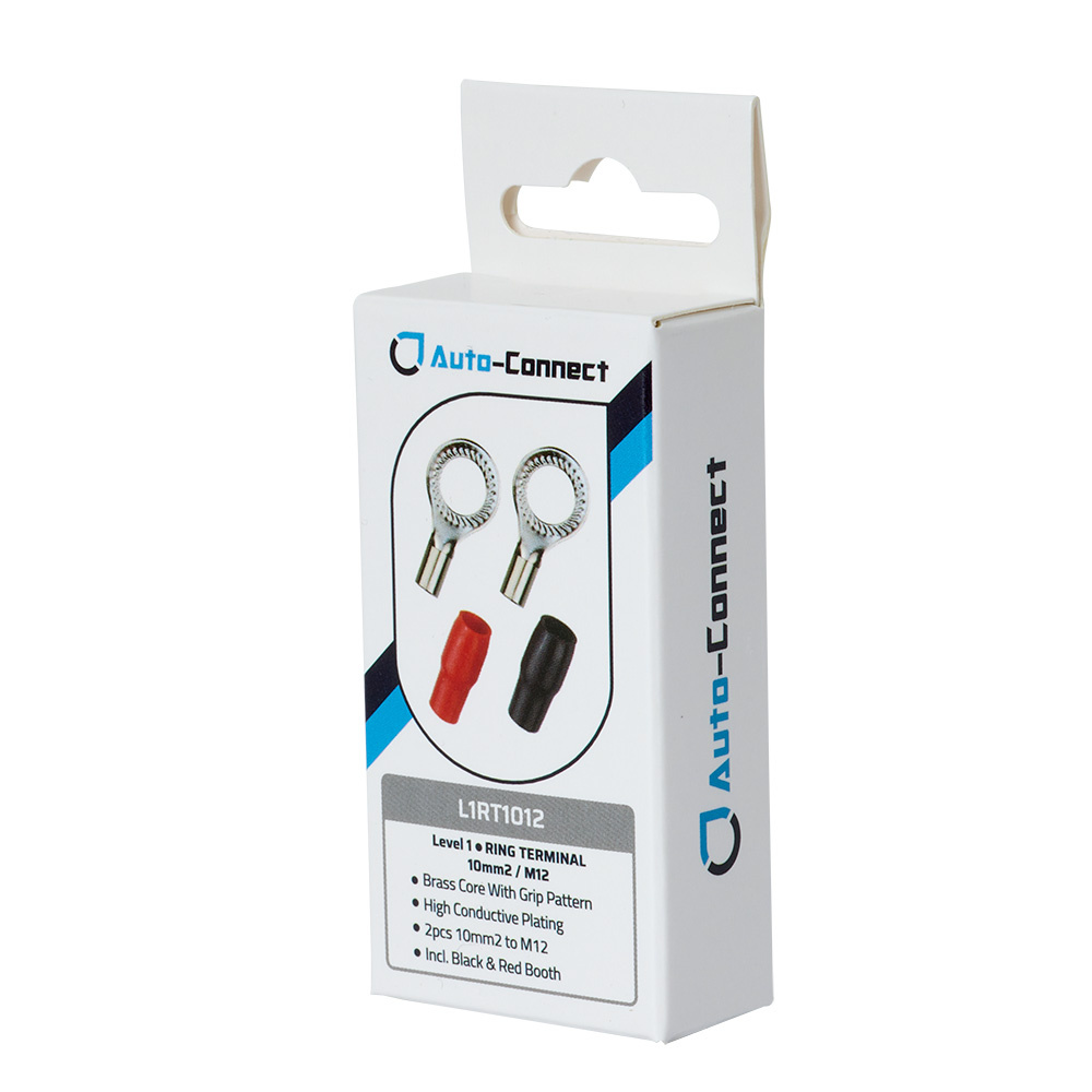 Förpackning med röd och svart ringkabelsko, Auto-Connect M12, 10 mm².