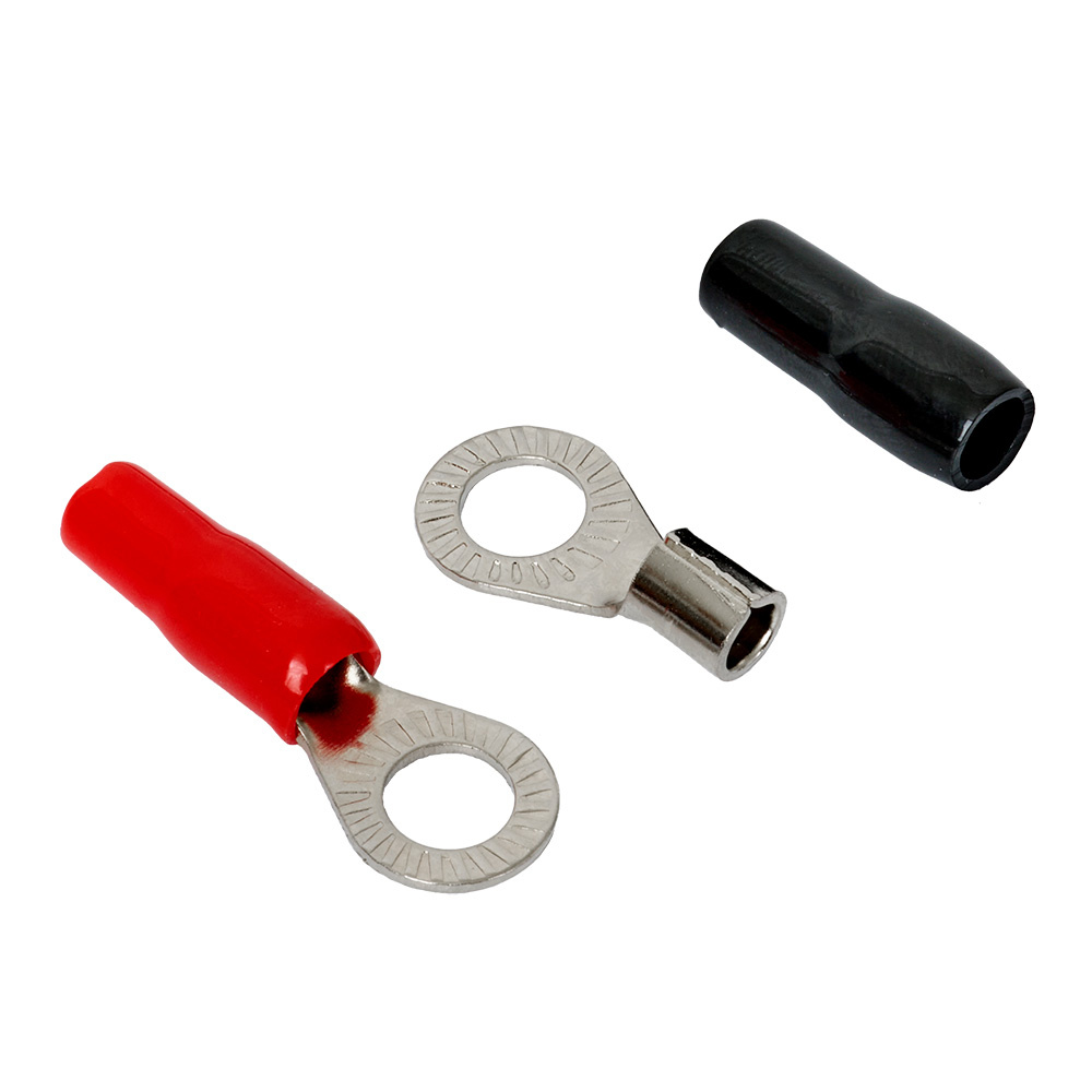 Röd och svart ringkabelsko M8, 10 mm², metall med isolering.