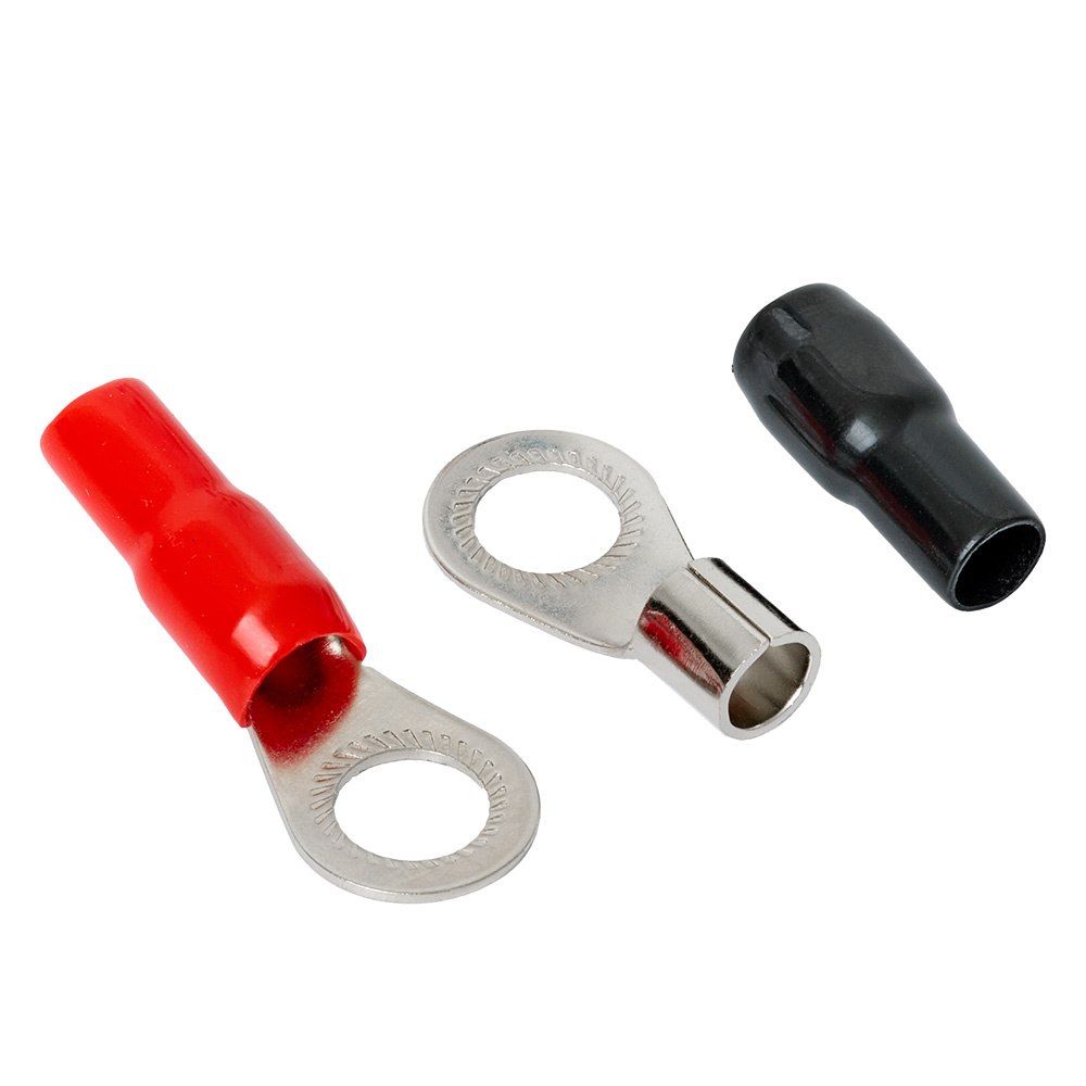 Två ringkabelskos kontaktlösningar i röd och svart med olika storlekar.