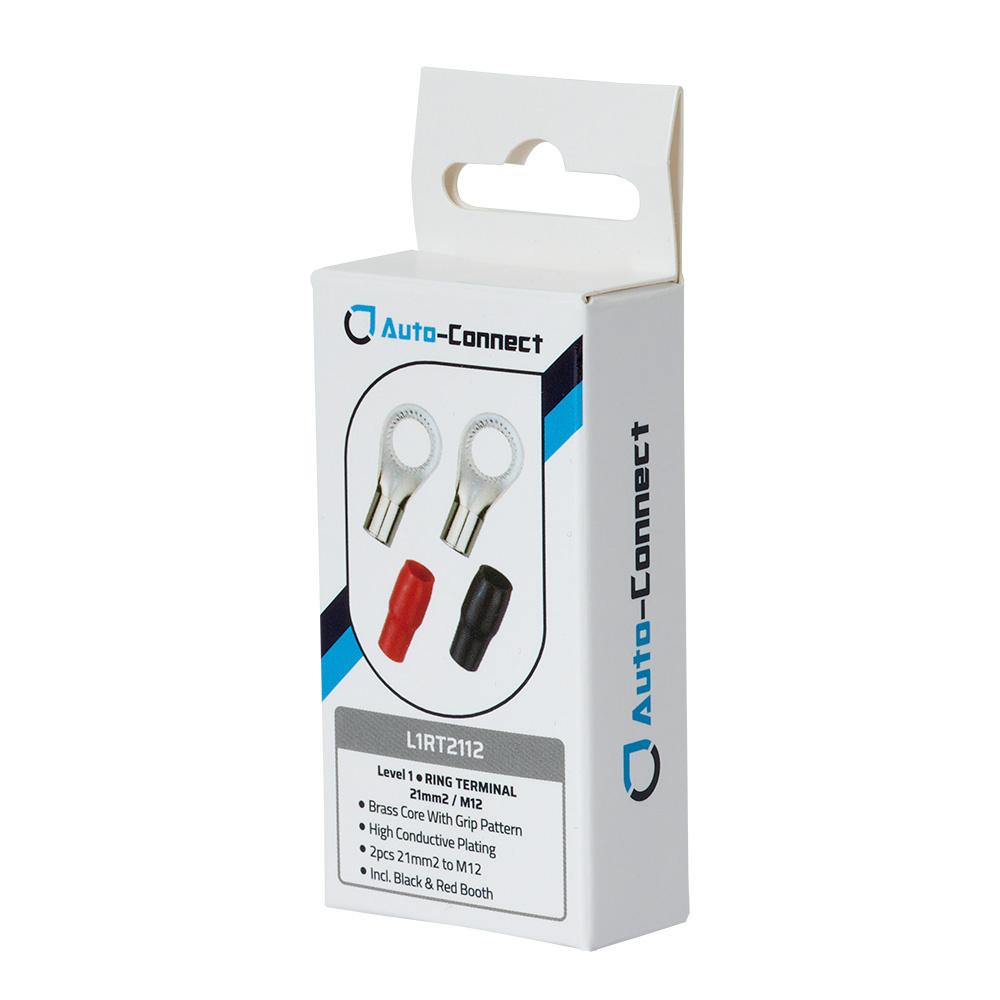 Förpackning med röd och svart ringkabelsko M12, 21 mm², inklusive två stycken.