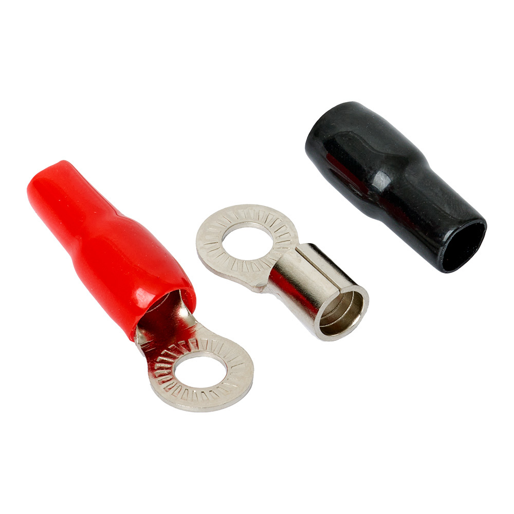 Två ringkabelskor, röd och svart, av metall med plastöverdrag.