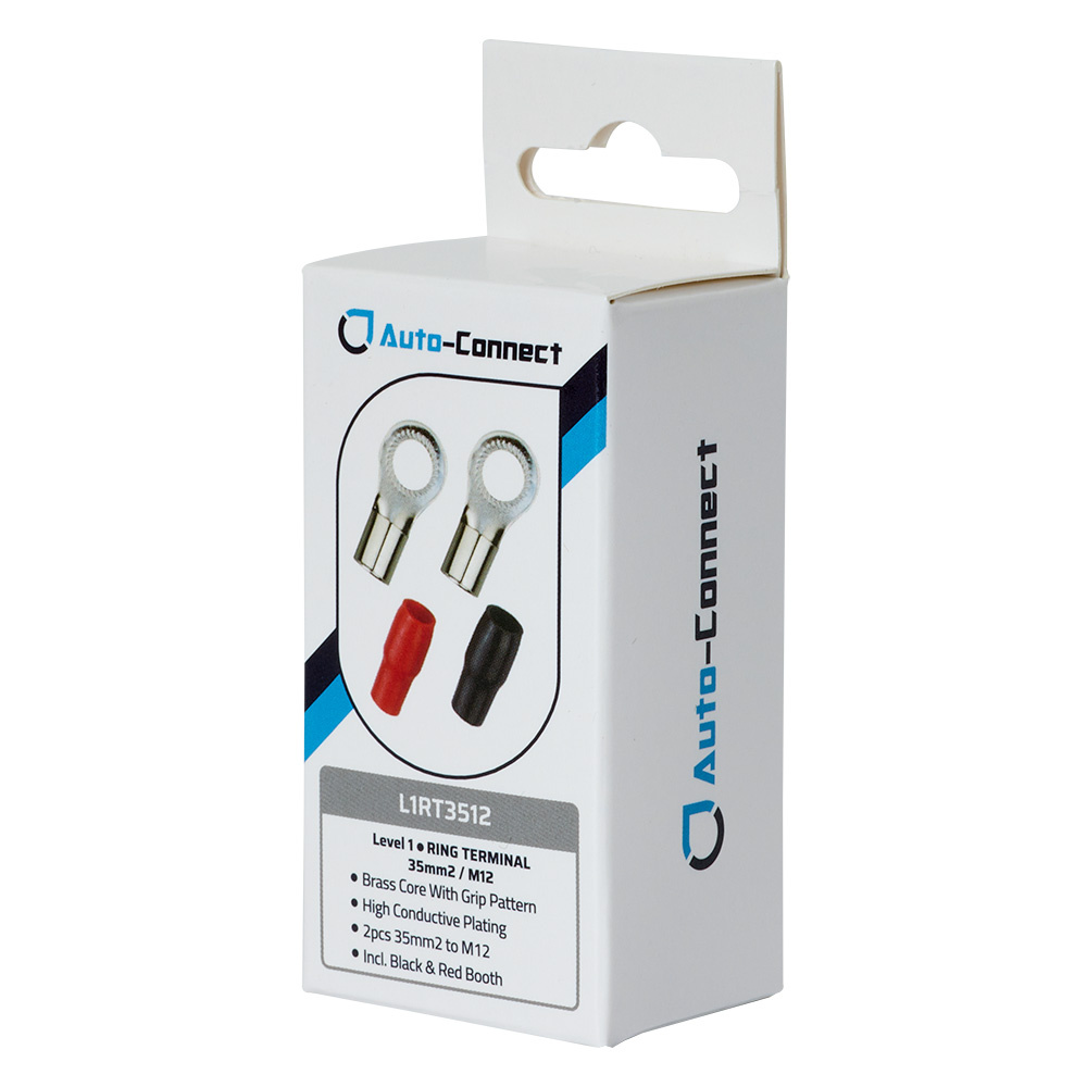 Förpackning med ringkabelskor, röd och svart, 35 mm², M12.