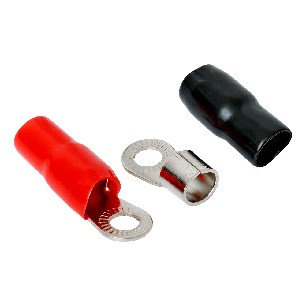 Två ringkabelskor, röd och svart, för M8 kabel, 35 mm².