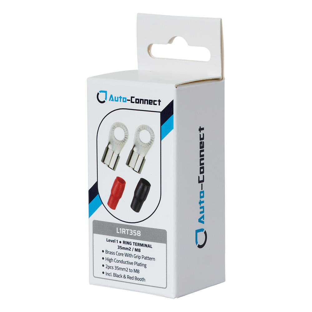 Förpackning med röd och svart ringkabelsko, M8, 35 mm².