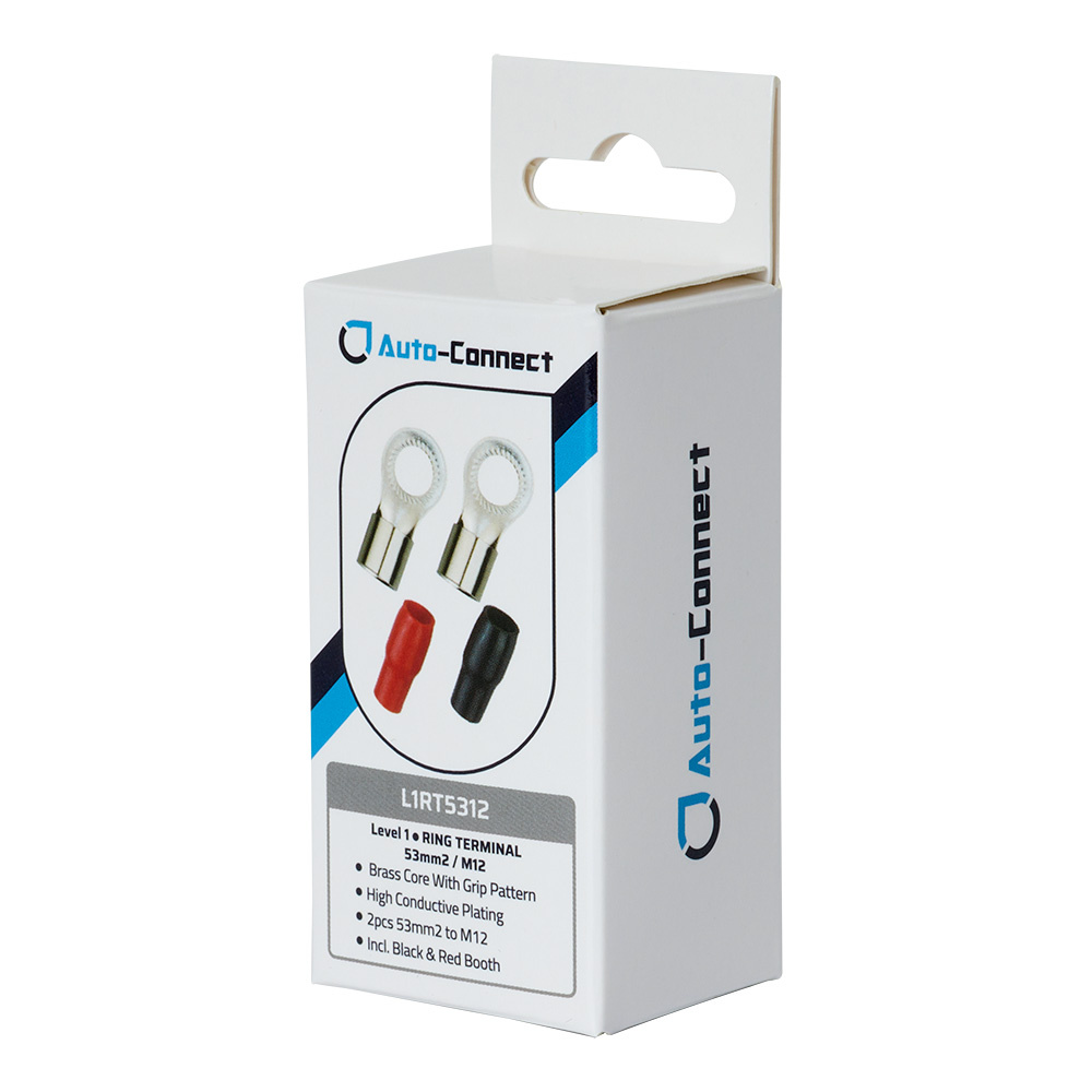 Röd och svart ringkabelsko M12 för hög ledningsförmåga, inkl. två stycken.