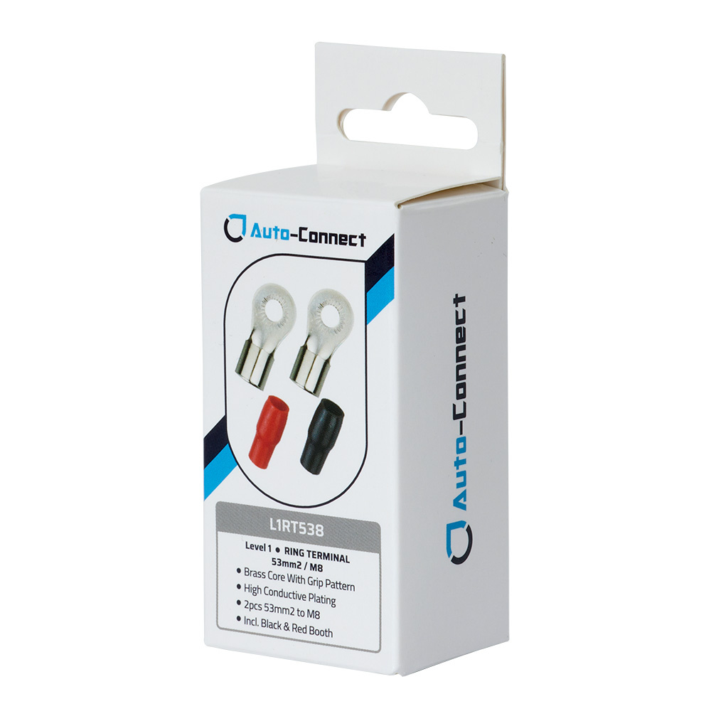 Produktförpackning med röd och svart ringkabelsko M8, 53 mm².