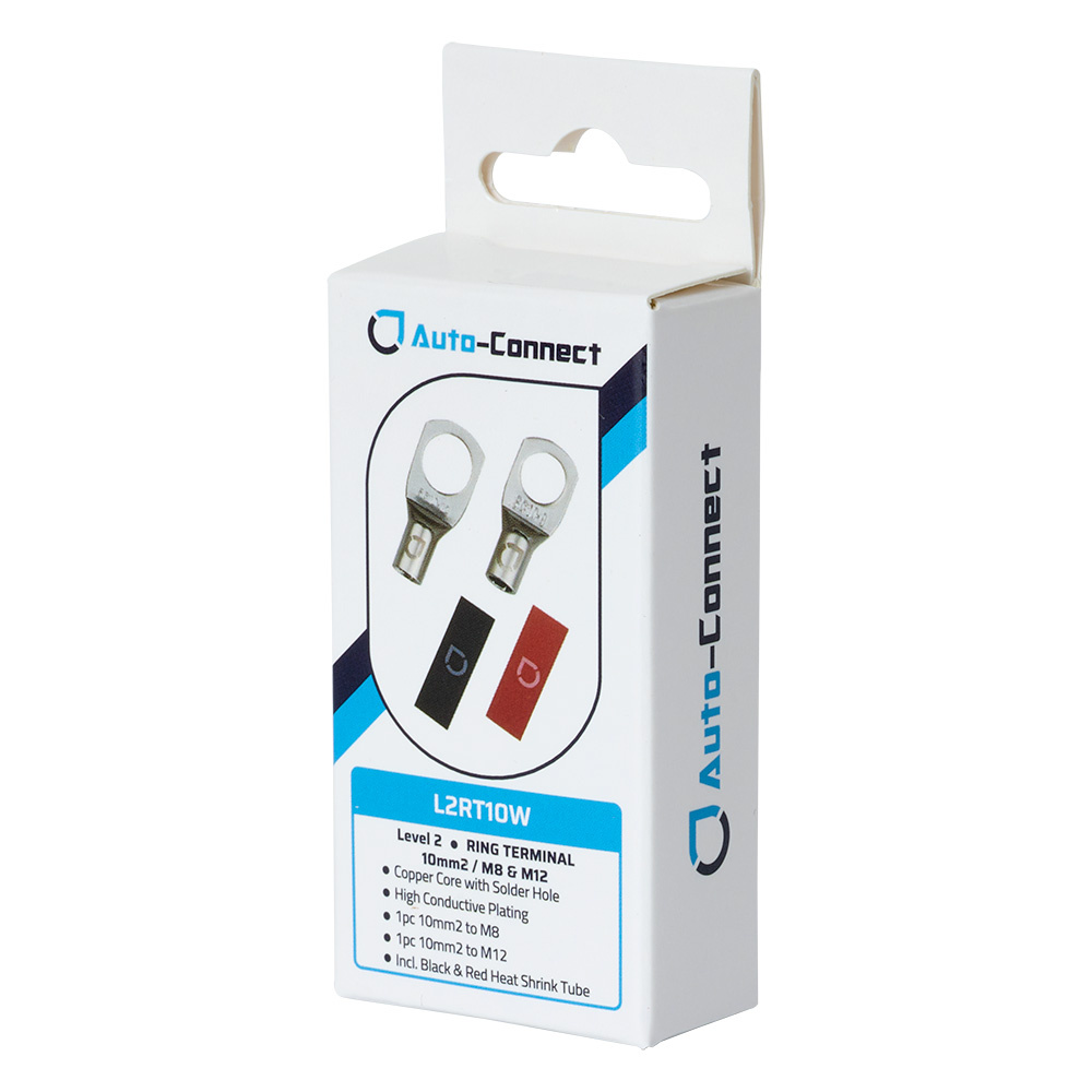 Kabelsko med röd och svart design, paket med två ringterminaler och krympslang.