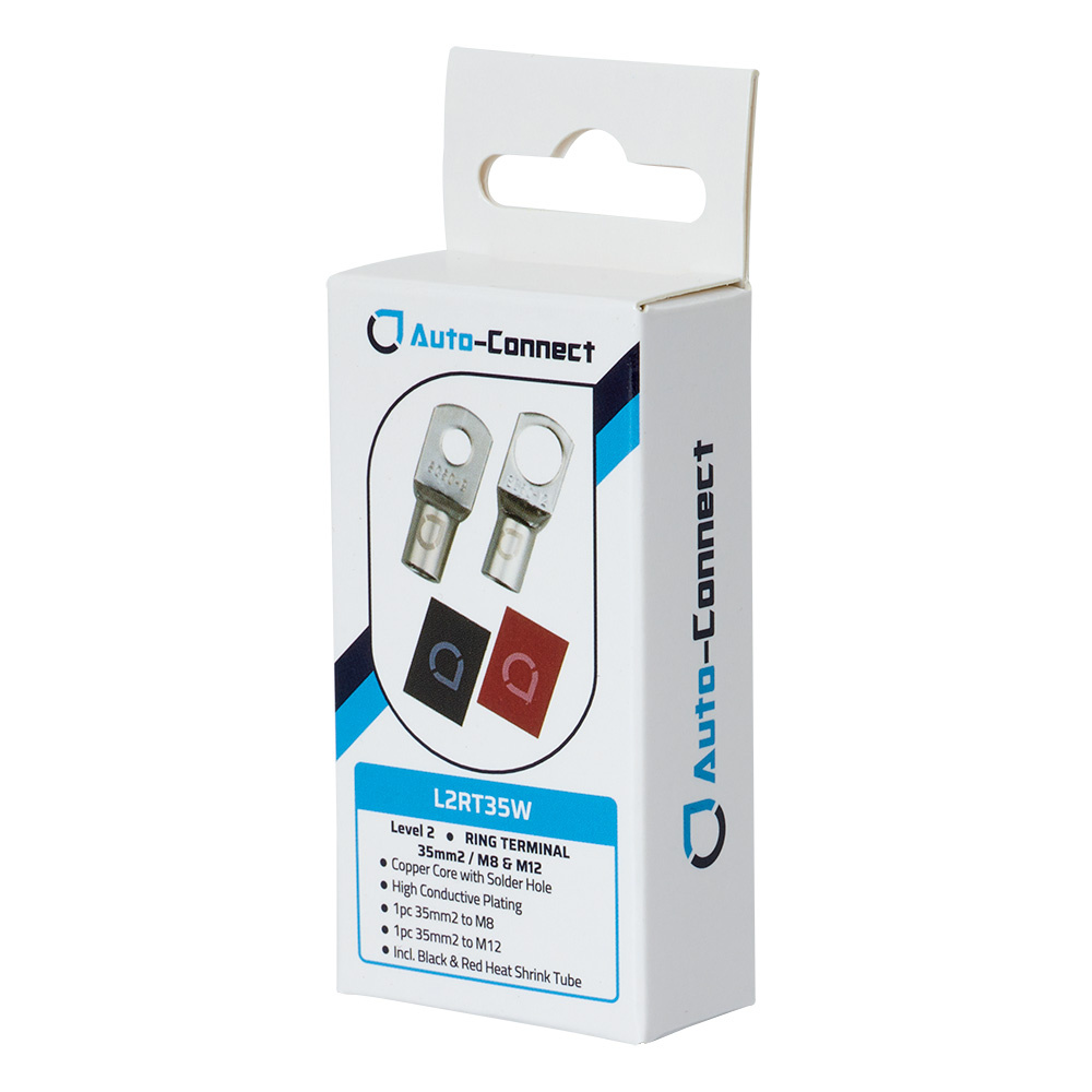 Förpackning med röd och svart rörkabelsko M8/M12, 35 mm², inklusive krympslang.