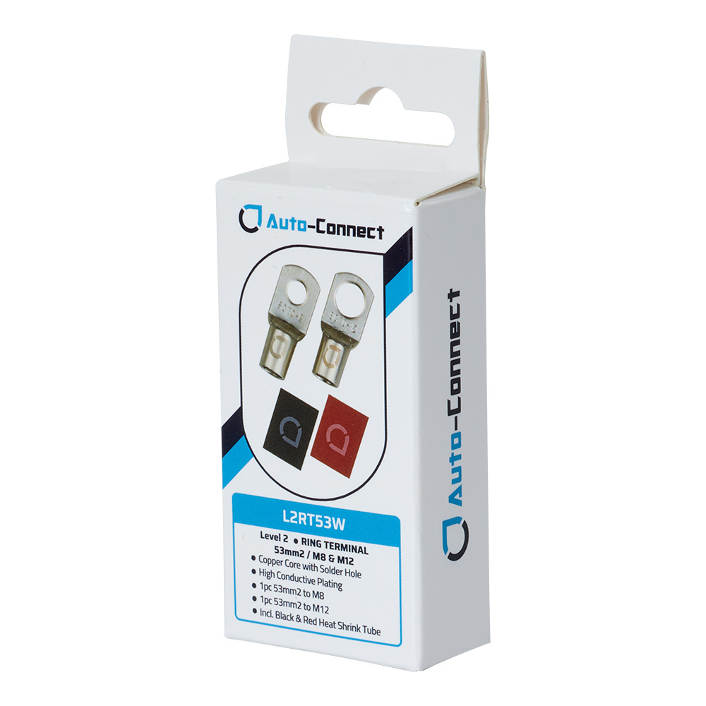 Förpackning med röd och svart rörkabelsko M8/M12, 53 mm².