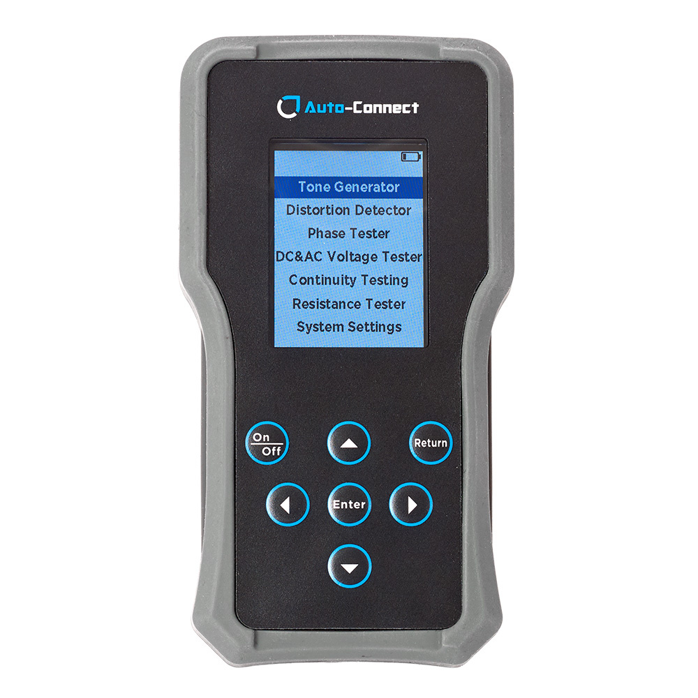 Verktyg med skärm och knappar för mätning av kablar och ljud.