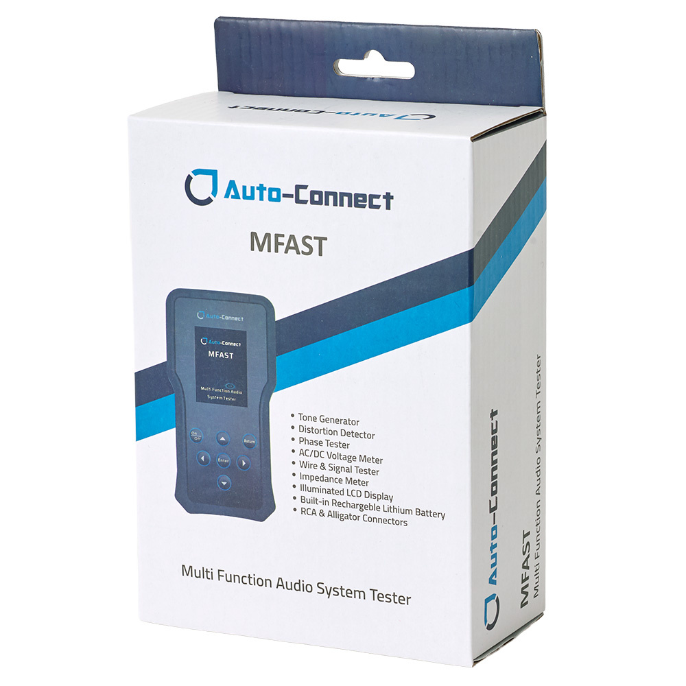 Förpackning av Auto-Connect MFAST, ett testverktyg för kablar och ljudsystem.