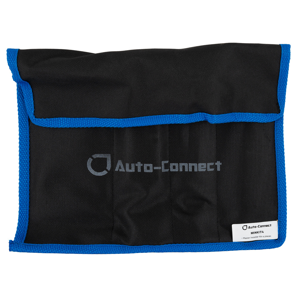 Ett svart verktygsfodral med blå kant, märkt med \