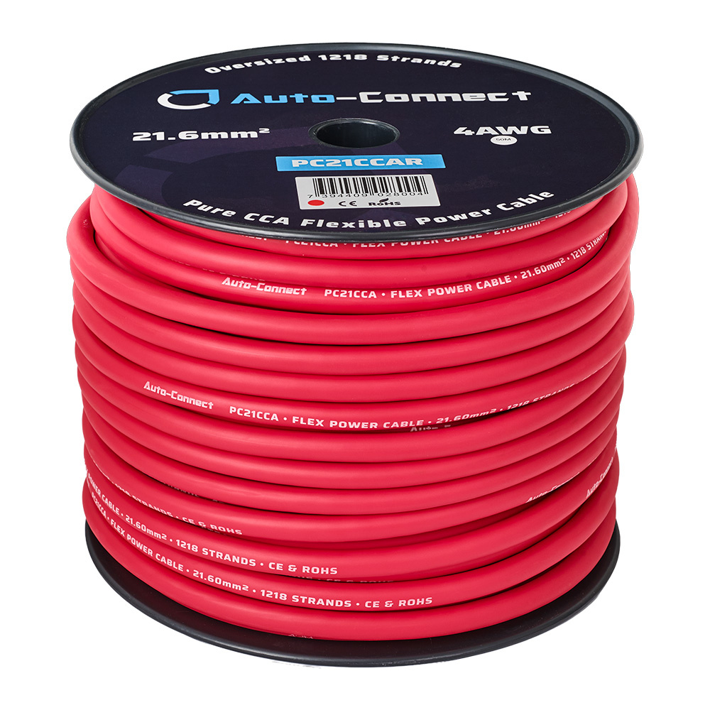 Röd strömkabel med storlek 21.6mm², rulle med flera meter.