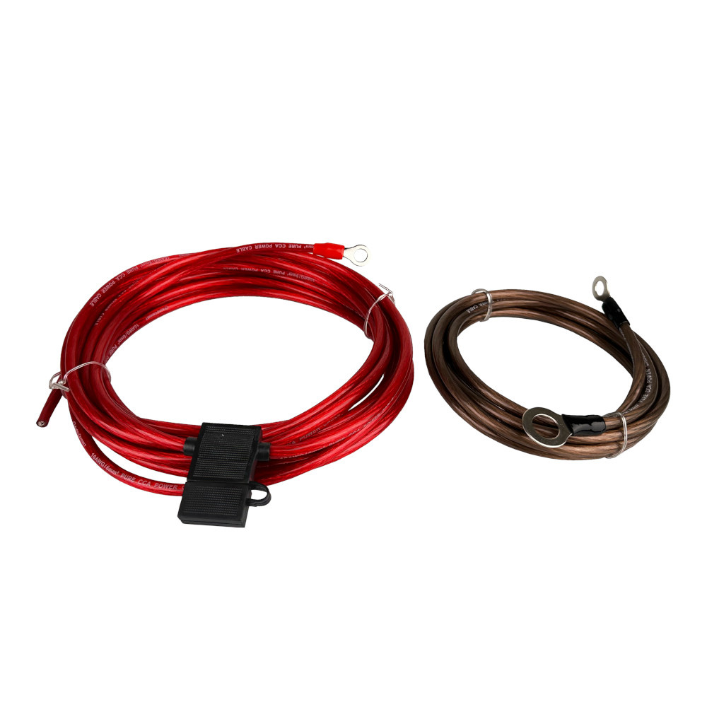 Två strömkablar, en röd 6mm² och en brun, med anslutningsfäste.