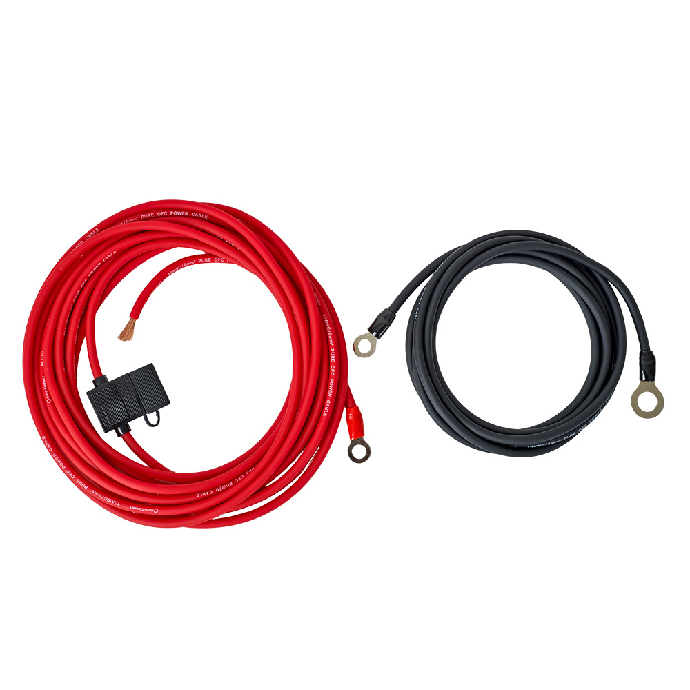 Röd och svart strömkabelkit, 6m plus 2.5m, med öglor för anslutning.