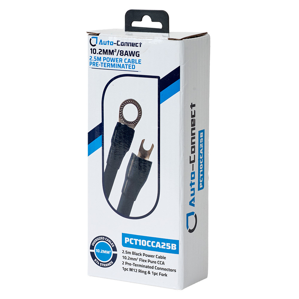 Förpackning med en 2.5 meter strömkabel, svart, med ring- och öglaanslutningar.