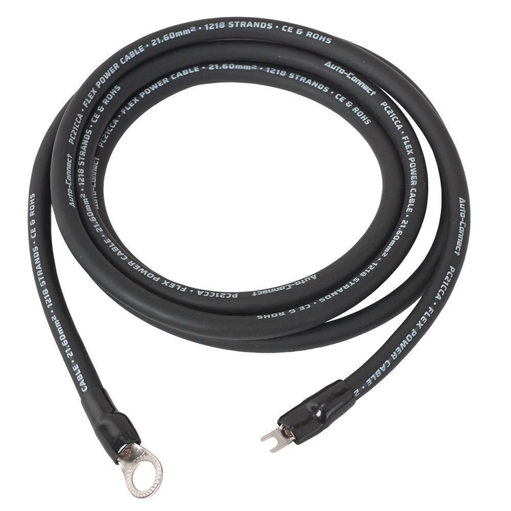 En svart strömkabel på 2.5 meter med ring- och flatstickkontakt.