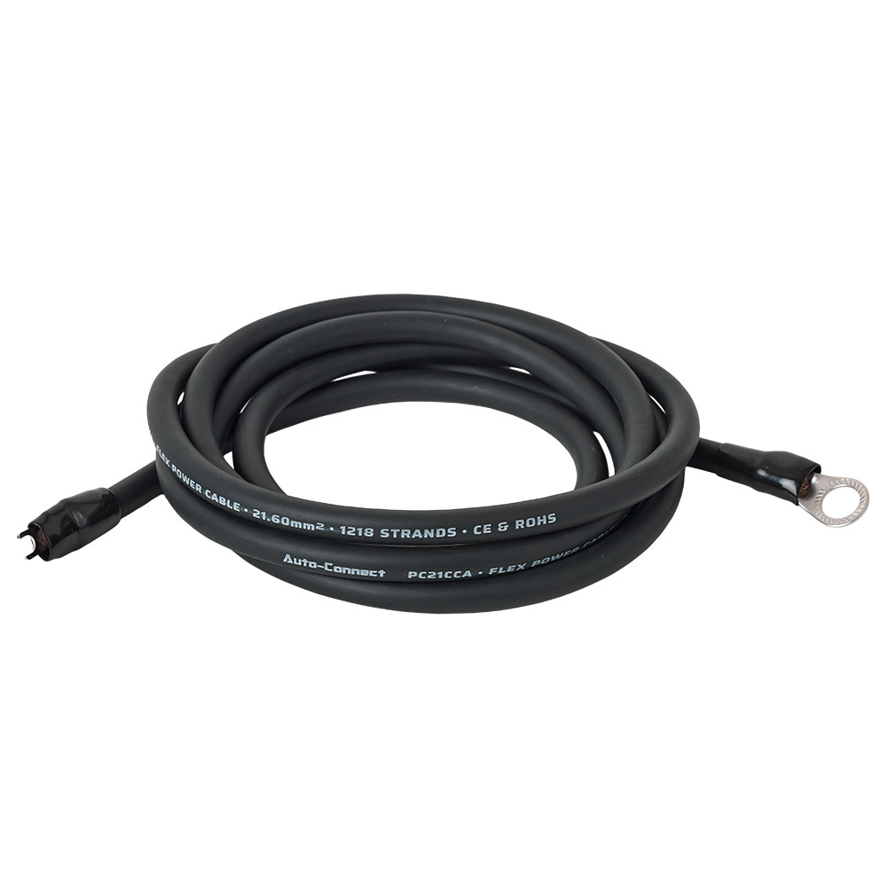 En svart strömkabel med ringterminal, 2.5 meter lång, 21.6mm².