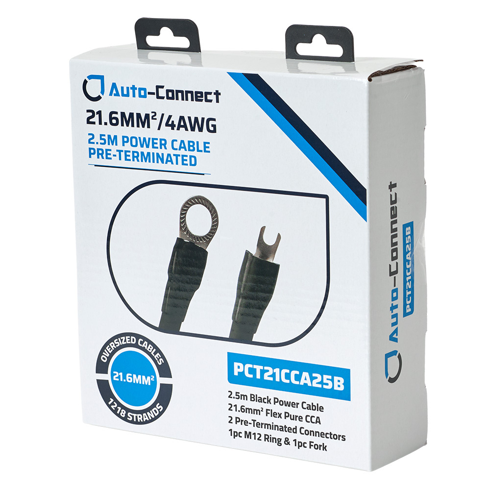 Svart strömkabel med CCA, 2.5 m, färdigt kopplad, 21.6mm².