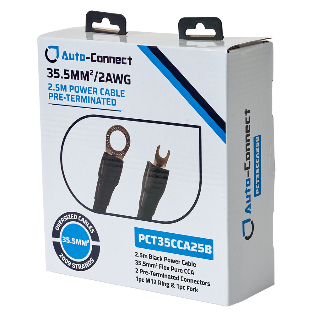 Strömkabel, 2.5 meter, svart, 35.5mm², med två kontakter.