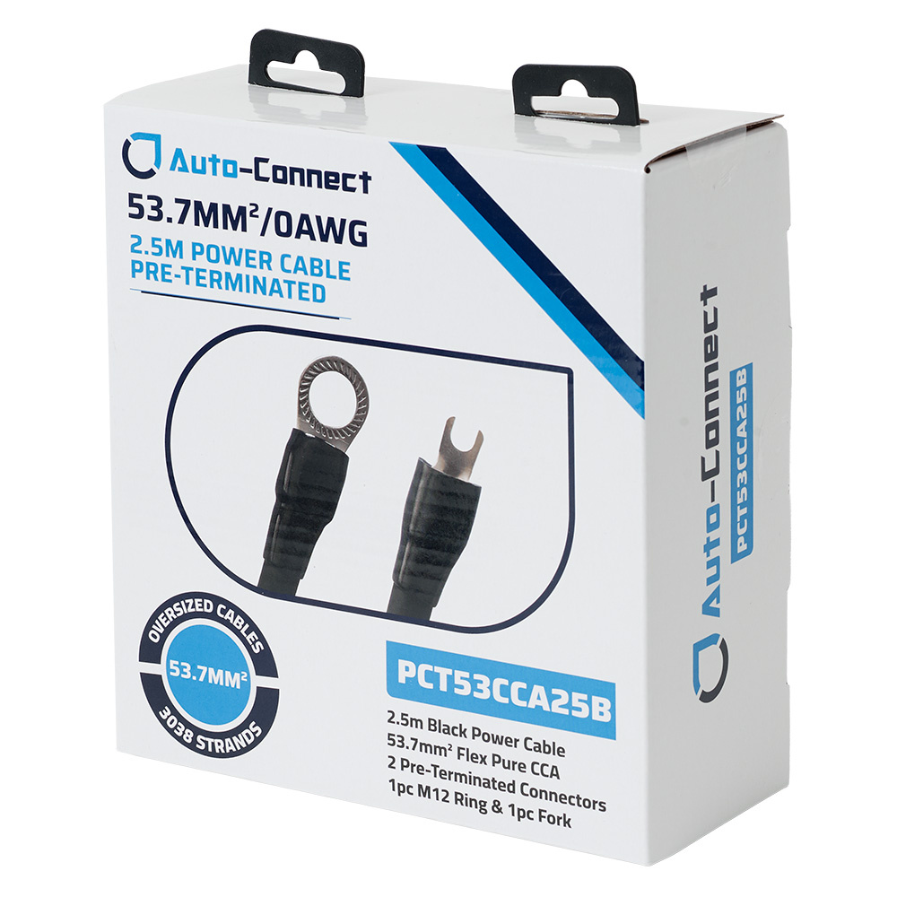 Svart 2,5 meter strömkabel med terminering, märkning och bild på kontakter.