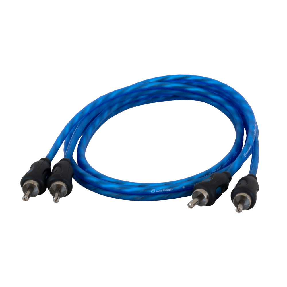 En blå lågnivåkabel på 1 meter med RCA-kontakter.