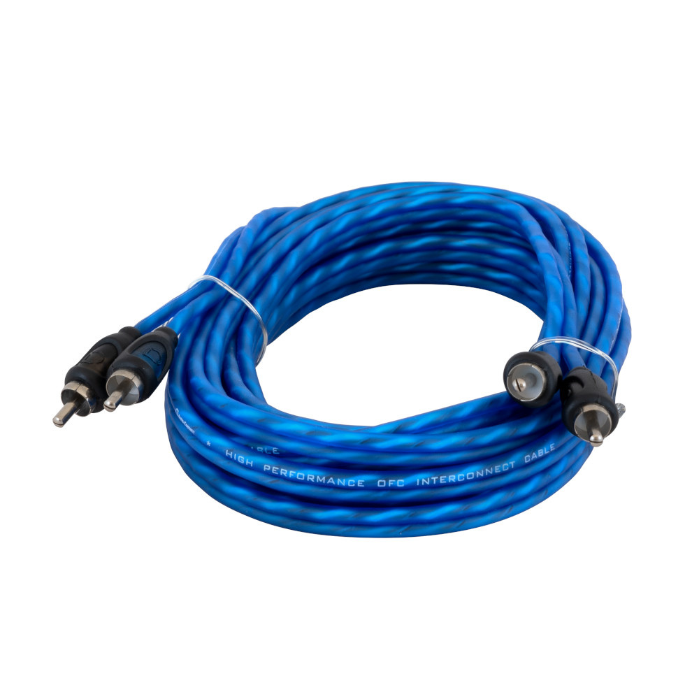 Lång blå kabel med RCA-kontakter i båda ändar. 5 meter.