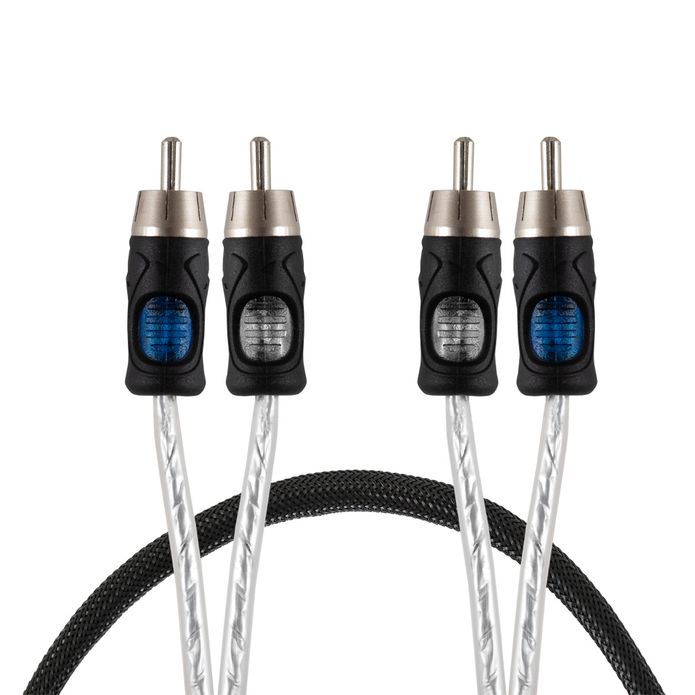 Lågnivåkabel med två RCA-kontakter i svart och silver, 1 meter lång.