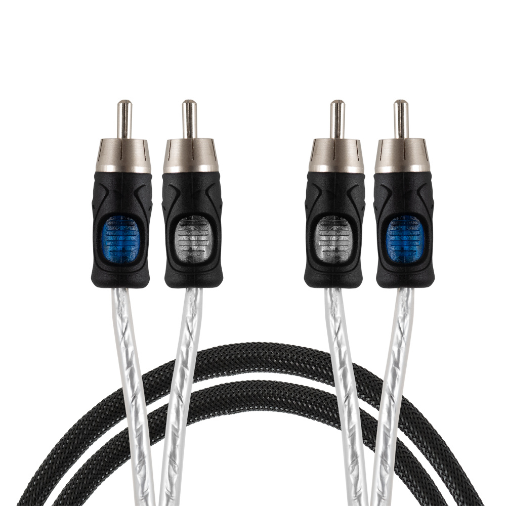 Tvåkanals lågnivåkabel med RCA-kontakter, 2 meter lång, svart och silver.