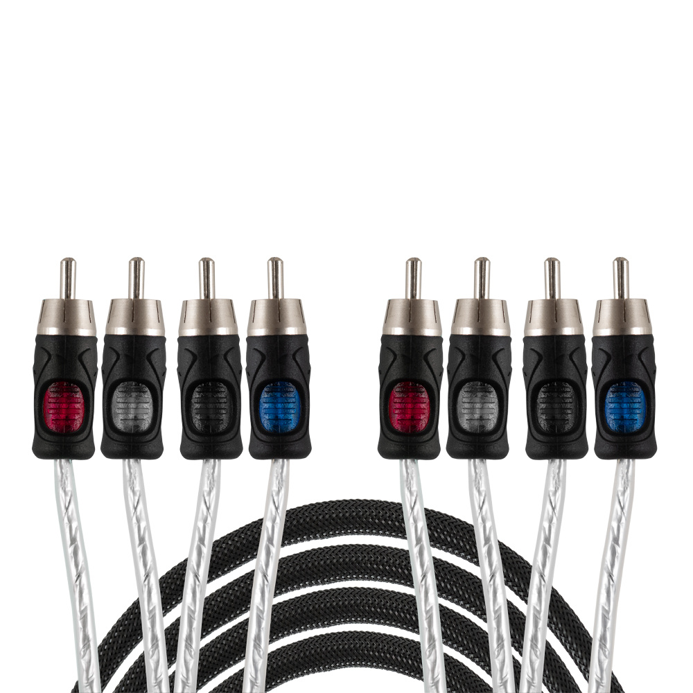 Kabel med fyra RCA-kontakter, svart och silver, 5.5 meter lång.