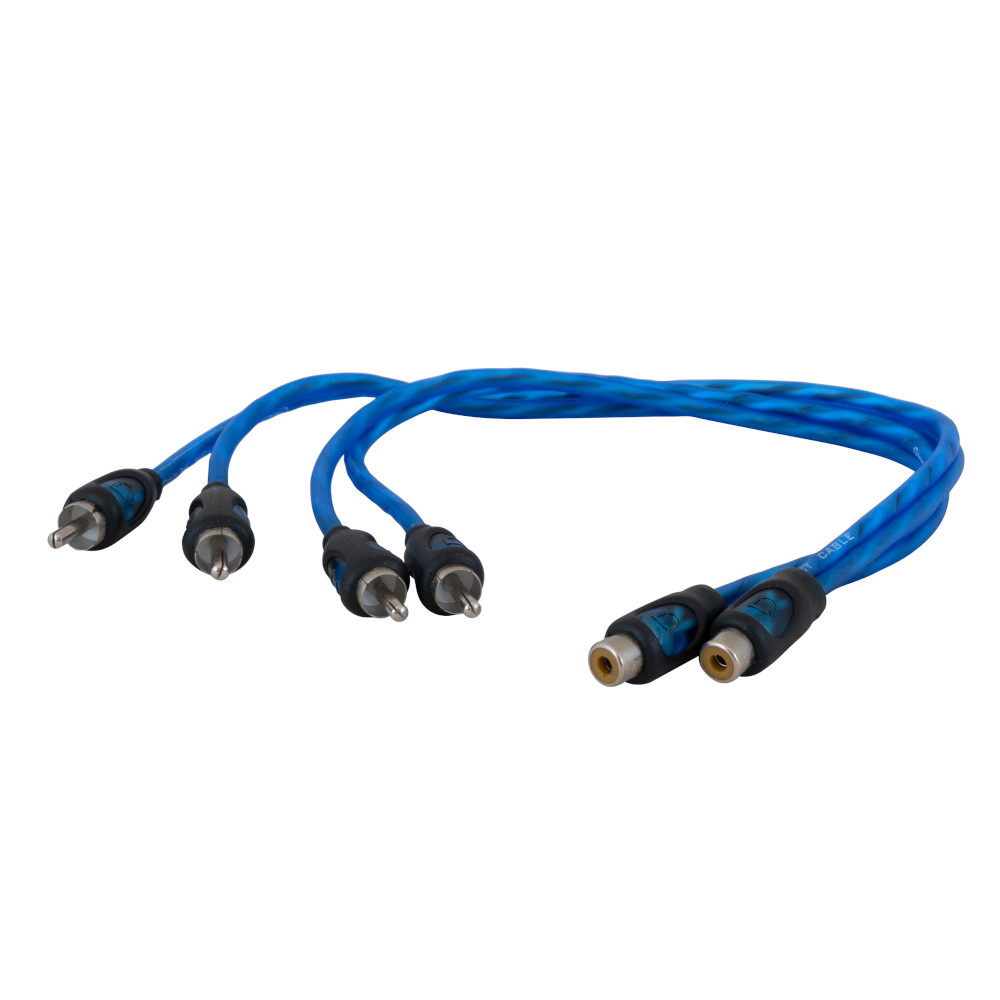 Två lågnivå Y-splittkablar, 0.3 m, två hane till en hona, blå.