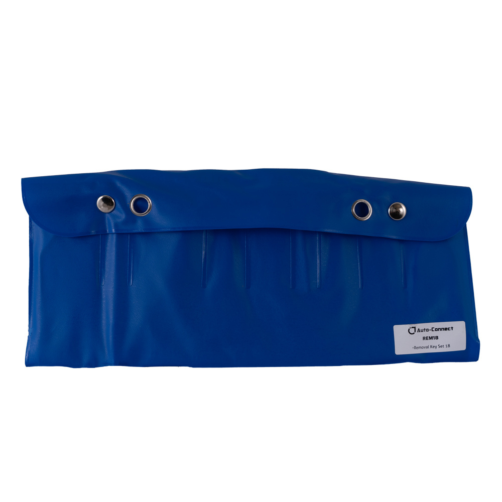 Ett blått fodral för urtagningsnycklar med flera fickor.