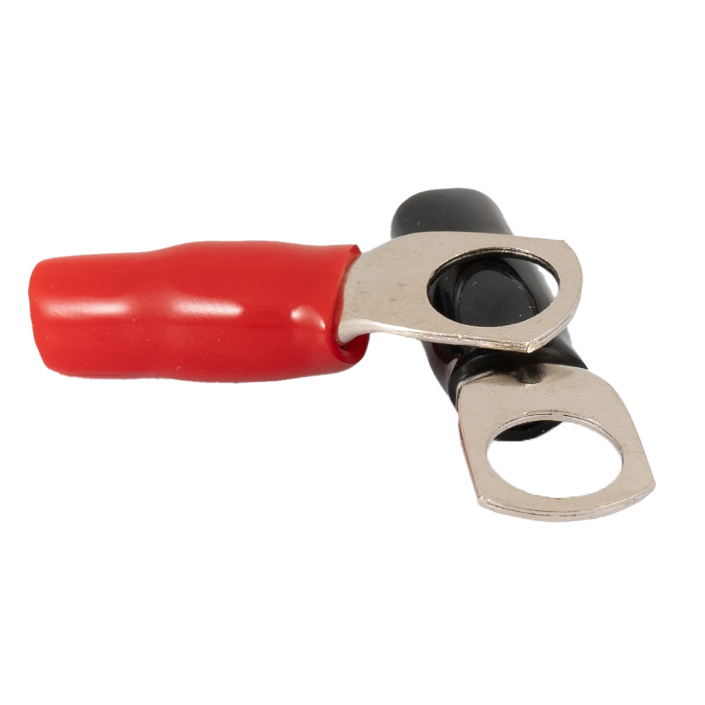 Två ringkabelskor, en röd och en svart, för 10mm² kablar.