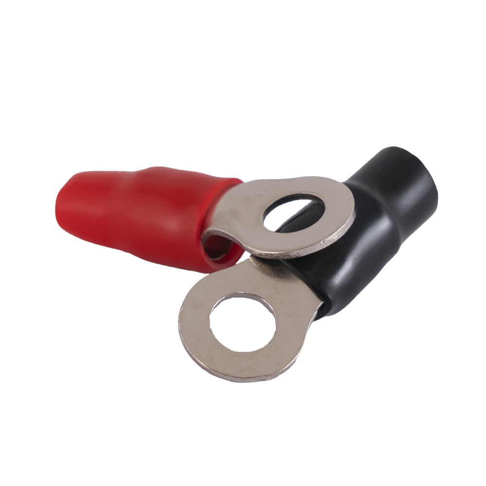 Röd och svart ringkabelsko, 20mm², metallkontakt med plastöverdrag.
