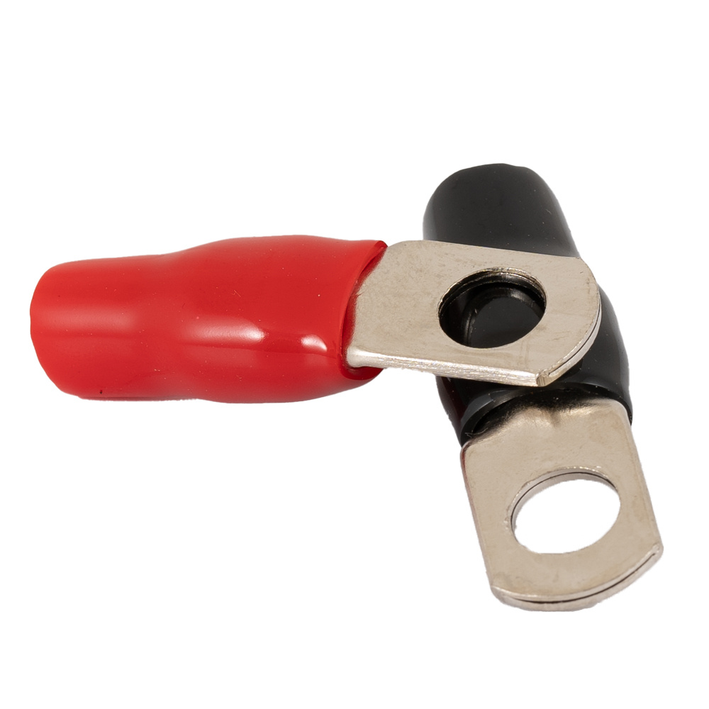 Ringkabelsko i röd och svart plast med metallöggor för anslutning.