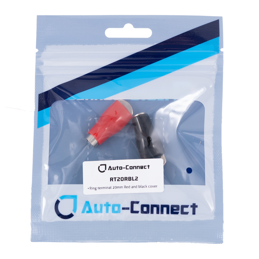 Två ringkabelskor i röd och svart färg, för 20mm² kabel.