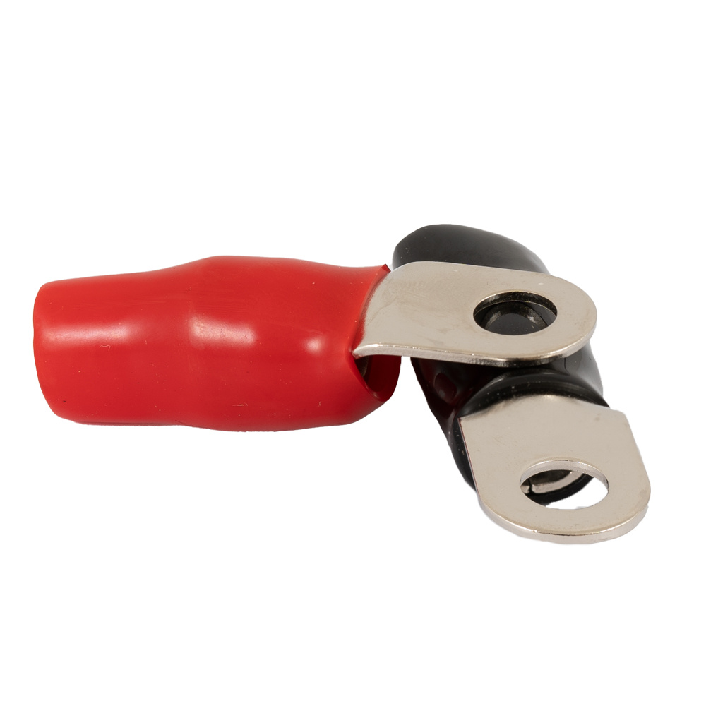 Två ringkabelskor i röd och svart plast med metallöga.