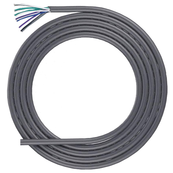 Tvistad multihögtalarkabel i grått, i lösmeter, med flera ledare synliga.