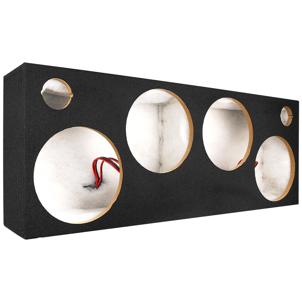 SPL-låda för subwoofers med fyra 10-tums hål och inredning för ljudisolering.