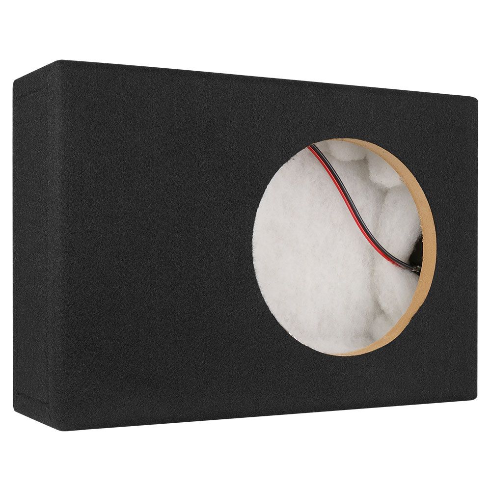 Svart baslåda med rund öppning, avsedd för 1x8 tums högtalare.