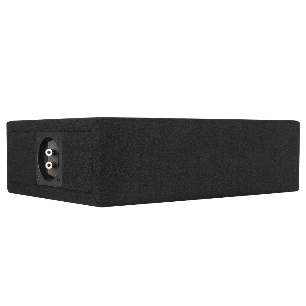 En svart, sluten baslåda för 8-tums högtalare med anslutningsportar.