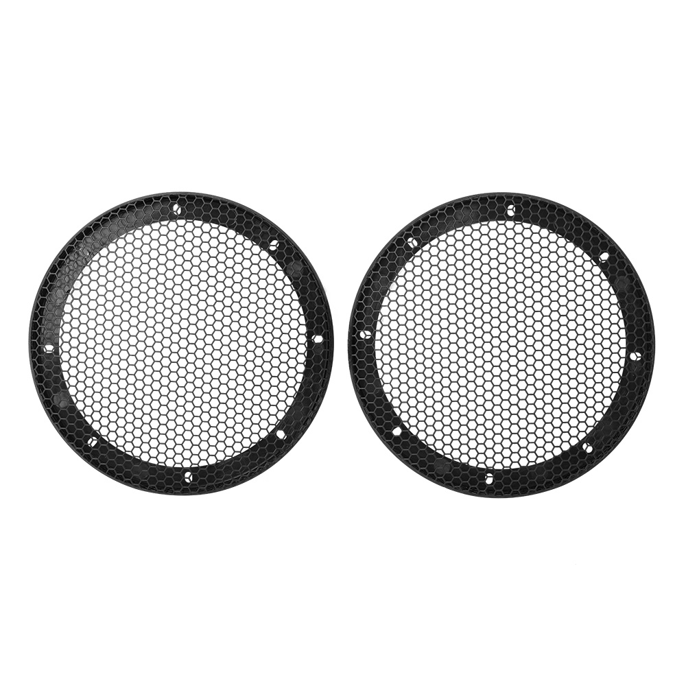 Svart högtalargaller med hexagonalt mönster, två stycken.