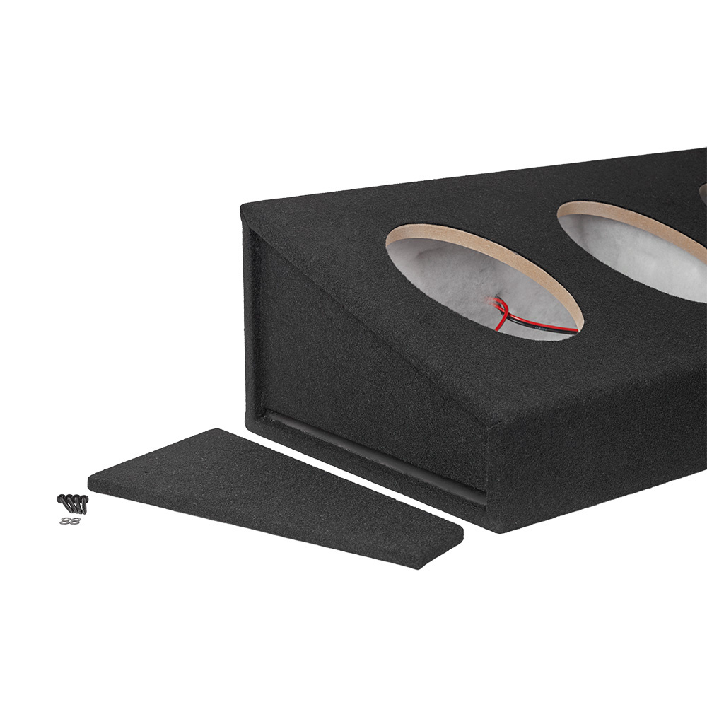 En svart högtalarlåda med två rundade öppningar och en avtagbar del.