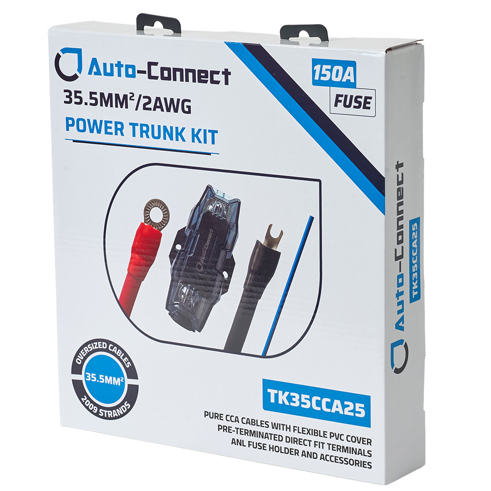 Förpackning med Auto-Connect CCA trunk kabelkit, specifikationer och tillbehör synliga.