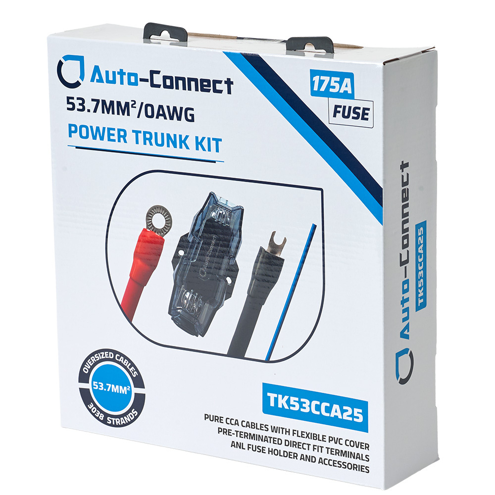 Kabelkit för bil med komponenter och en 175A säkring.