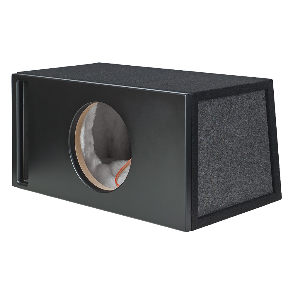 En svart baslåda med lågprofil och en rund öppning.